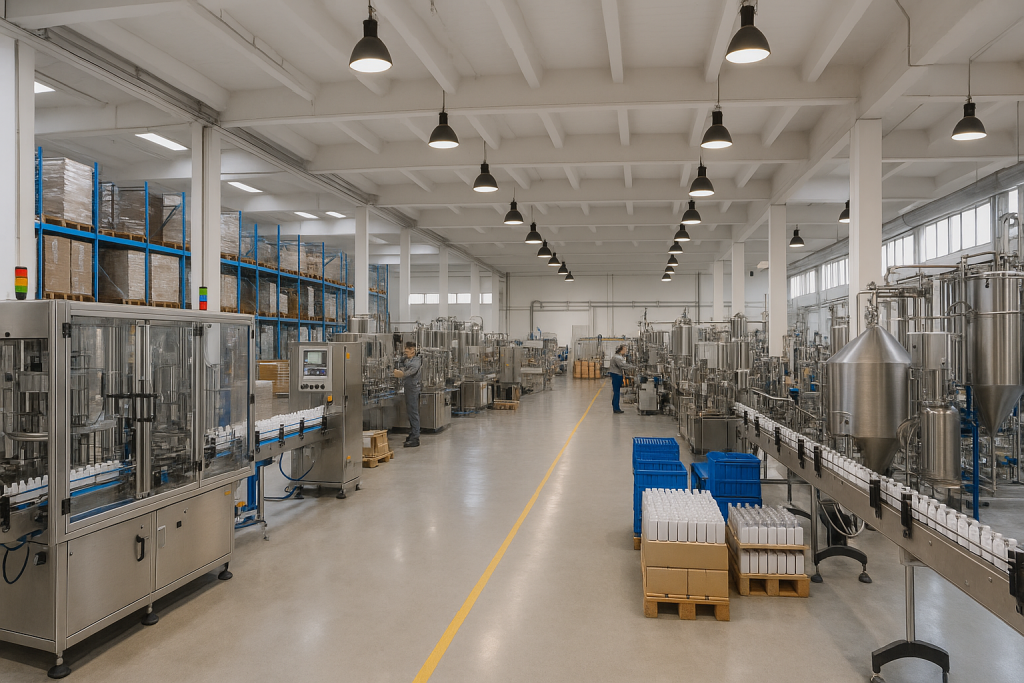 Nowoczesna hala produkcyjna firmy z linią do napełniania i pakowania aerozoli